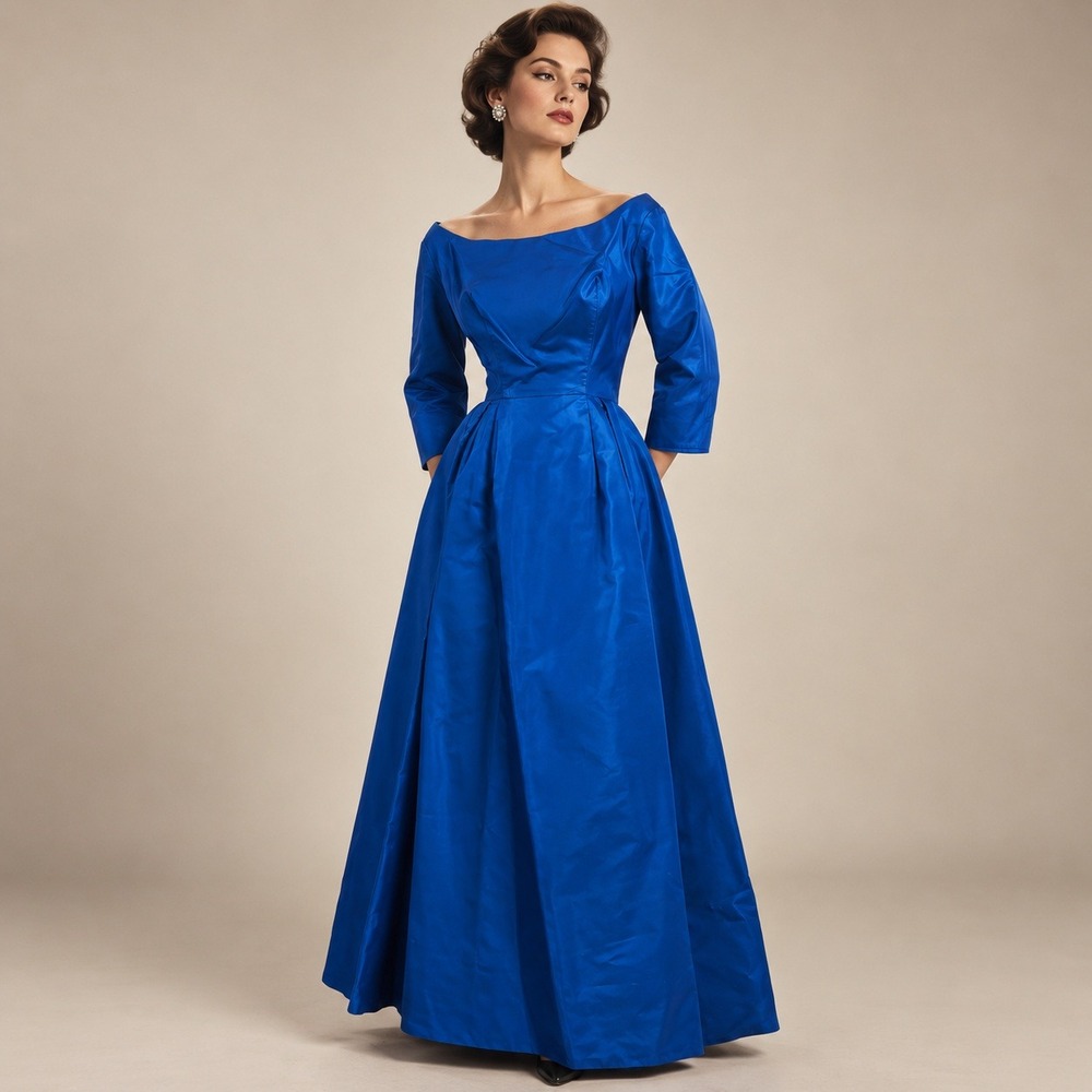 Date-Maker Formals Gown Womens 26W Royal Blue Vtg 50s 60s Crinoline Bow Formal